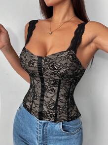 SHEIN Privé Women Romantic Sexy Lace Cami Top - Black - View 4