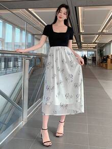 DAZY Flower Print Square Collar Short Sleeve 2 In 1 Waist-Cinched Long Summer Dress - Multicolor - View 7