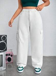 SHEIN ICON 大尺碼女式實用直筒牛仔褲 - 白色 - 查看 1