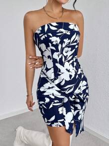 SHEIN Essnce 女士春夏休閒假日葉子剪影印花無肩帶迷你裙