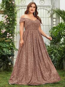Faeriesty Plus Off Shoulder Sequin Formal Dress Elegant Prom Evening Wedding Guest Gown, For Graduation, Dinner Party Dress