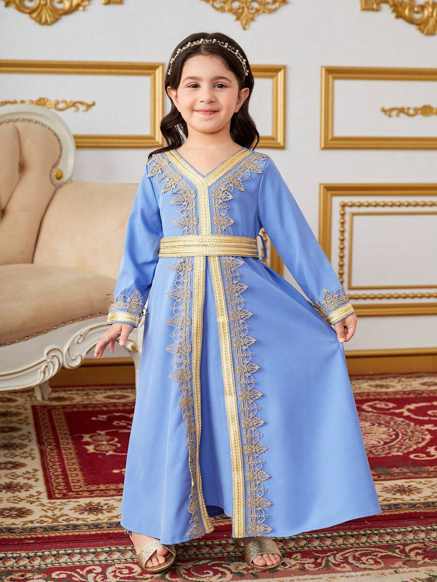 SHEIN 少女款寬鬆 V 領拼接可溶性蕾絲連衣裙 - 藍色 - 查看 1