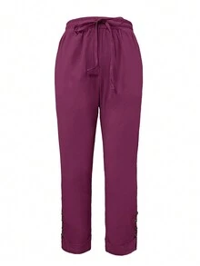 Quần ống đứng một túi màu trơn Jisfaneya với họa tiết ren và xếp ly, kiểu dáng suông thoải mái, phù hợp cho mùa xuân và mùa hè. - Màu tím  Violet - Xem 3