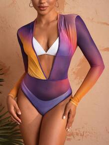 Israel Jasso Body transparente con escote en V profundo y estampado, diseño para mujer, para otoño, vacaciones y festivales