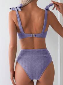 SHEIN Swim Women Summer Beach Solid Color Shoulder Knot Bikini Set For Vacation - Mauve Purple - View 2