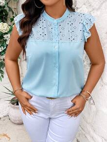 Calvaya 夏季加大码纯色镂空刺绣拼接荷叶袖衬衫 - 藍色 - 查看 5