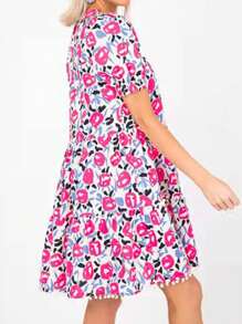 女性時尚甜美花卉印花A字型夏季連身裙 - 白色 - 查看 3