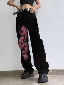 中國龍圖案闊腿牛仔褲 - 黑色 - 查看 4