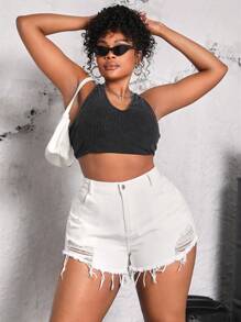 SHEIN SXY Quần short denim rách trơn dáng rộng, thích hợp mặc hàng ngày vào mùa xuân và hè. - trắng - Xem 5