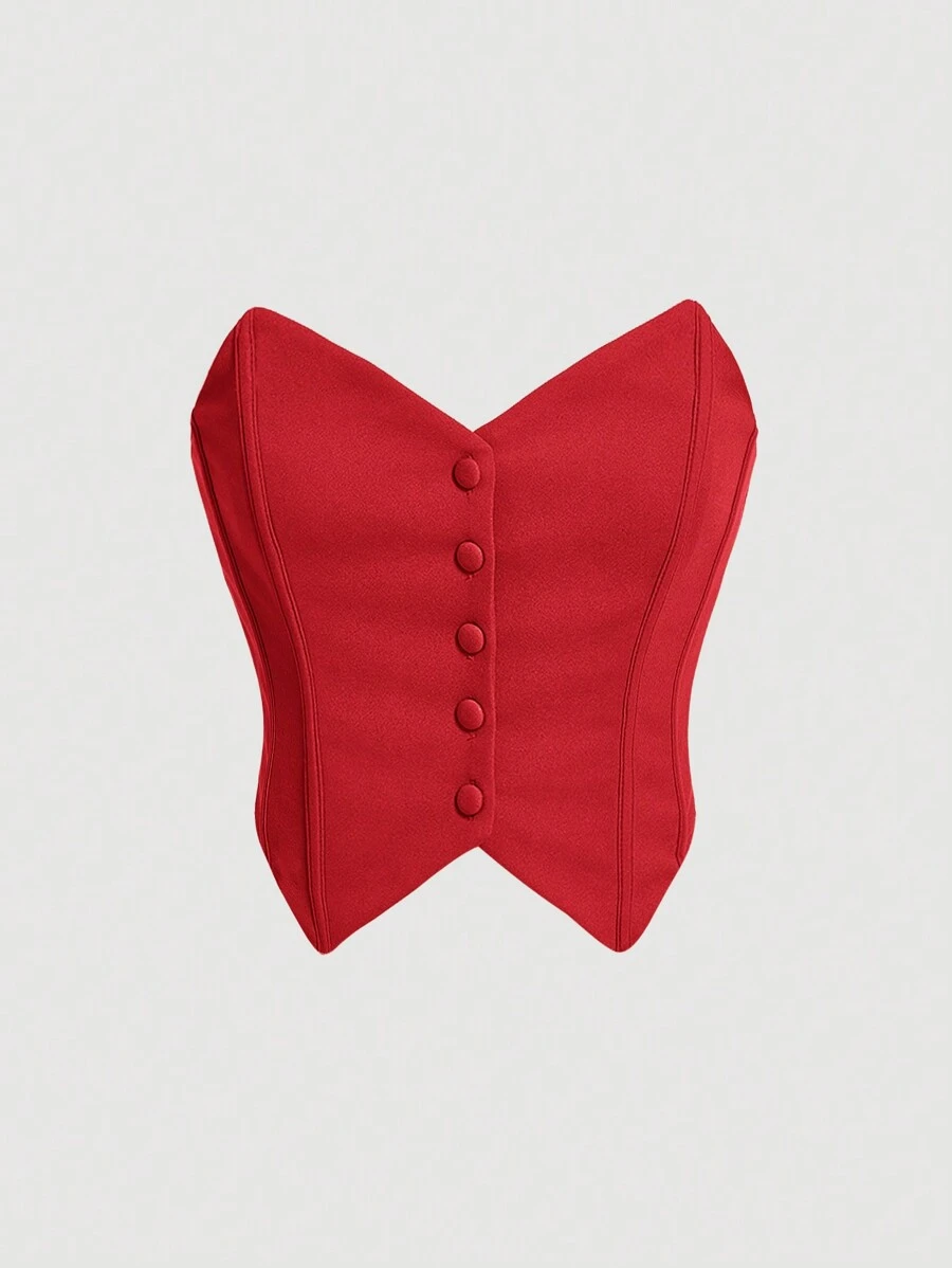 SHEIN MOD Button Front Tube Bodycon Black Top Without Shirt - Red - View 1