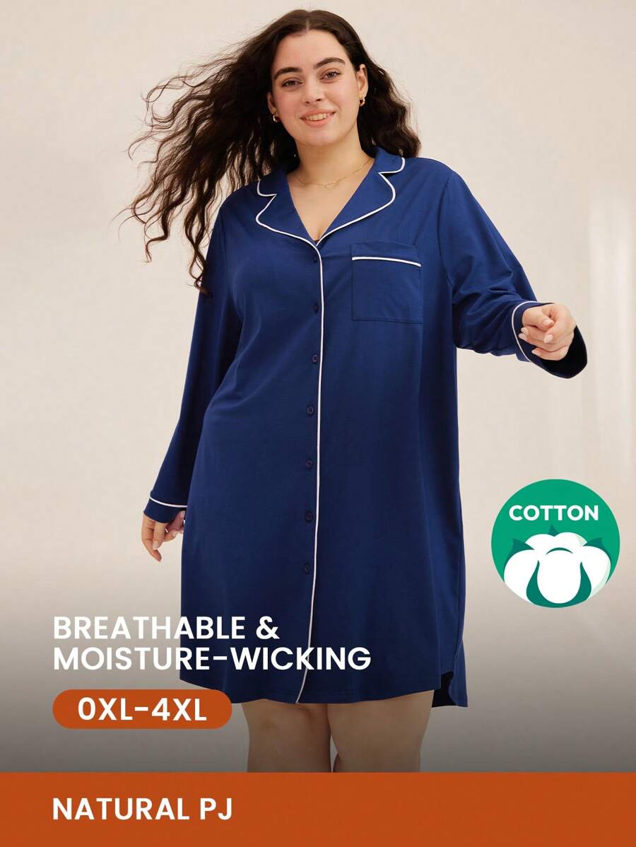 LUVLETTE 大码柔软纯棉女士奢华蓝色睡裙 时尚纽扣睡衣连衣裙，白色滚边 优雅家居服 男友风睡衣 家居衬衫