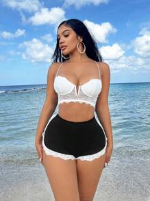 SHEIN SXY Shorts base ajustados con cordón elástico y encaje seductor - Blanco y Negro - Ver 3