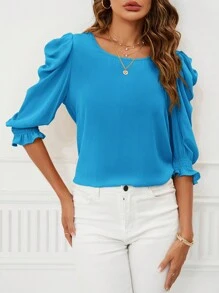 SHEIN Clasi 女士純色荷葉袖上衣 - 薄荷藍 - 查看 6