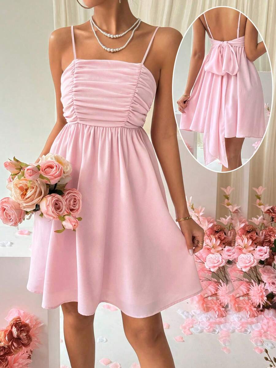 SHEIN Privé Women's Solid Color Pleated Cami Dress - Pink - View 1