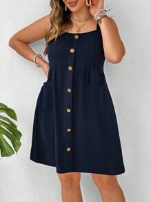 SHEIN LUNE Mujeres Vestido de peto de talla grande con botones de madera decorativos y bolsillo