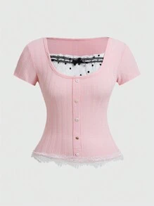 ROMWE Kawaii 大码女式夏季短袖休闲 T 恤带蝴蝶结装饰，学校 - 粉色 - 查看 1