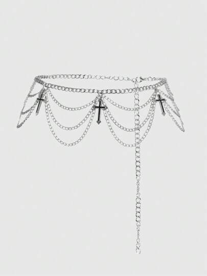 1pc Women Black & Silver Gothic Style Waist Chain With Cross Pendant And Triple Layer Chains, Great For Daily Wear, Halloween