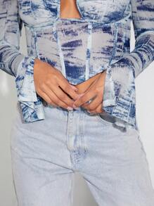 Hauture Brush Print Tie Strap Bustier Top - Black and White - View 4