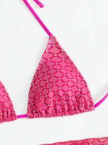 Swim SXY Summer Beach Rhinestone Decor Halter Triangle Cup Bikini Separates Set, With Cover-Up Skirt - Hot Pink - View 8