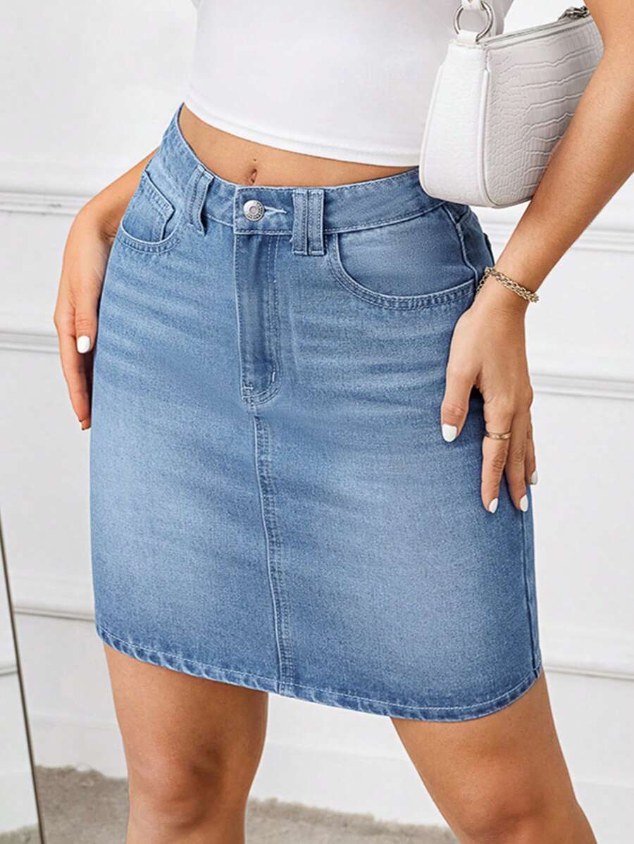 SHEIN Tall High-Waisted Denim Skirt With Belt, Pockets And Buttons