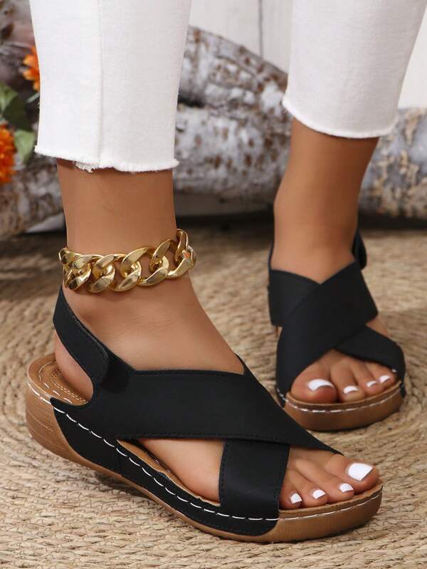 Women's Casual Wedge Slide Sandals, Rivet Hollow-Out Platform, Adjustable Hook And Loop Strap Increased Height, Comfortable Wedge Heel, Open Toe, Solid Color Fashion Sandals In Black, White, Blue, Purple, Navy, Grey