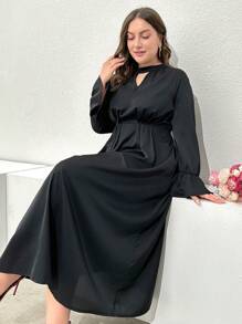 Modelyn Rozmiar Plus Elegancki 3D Kwiat Zamek Otwór Kołnierz Zaciskany Talia Długi Rękaw Sukienki