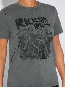 SHEIN Unity Band & Slogan Graphic Wash Tee - Grey - View 3