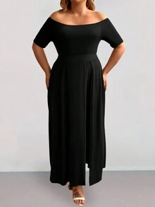 SHEIN Clasi Plus Size Áo liền quần ngắn trễ vai màu trơn cho mùa hè - màu đen - Xem 4