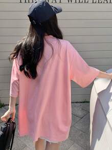 DAZY Summer Casual Loose Flower & Slogan Printed Drop Shoulder Short Sleeve T-Shirt Cute Tops Oversized T-Shirt,Graphic Tees