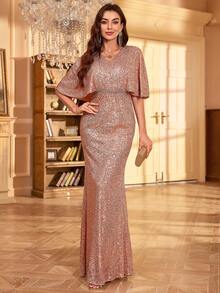 Women's V-Neck Sequin Crystal Decor Fit & Flare Evening Dress - Pink - View 1