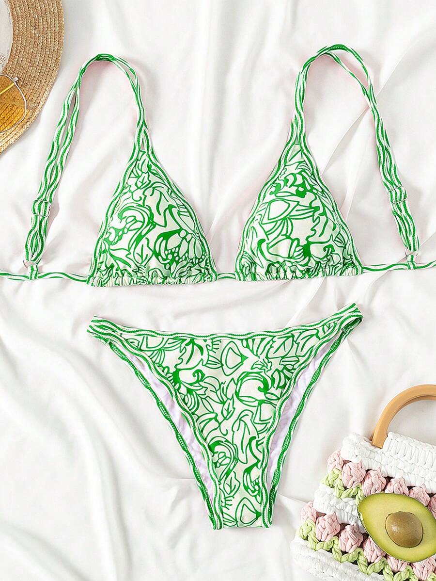 Swim Mod Summer Beach Women Green Simple Plants Printed Bikini Set - Green - View 1