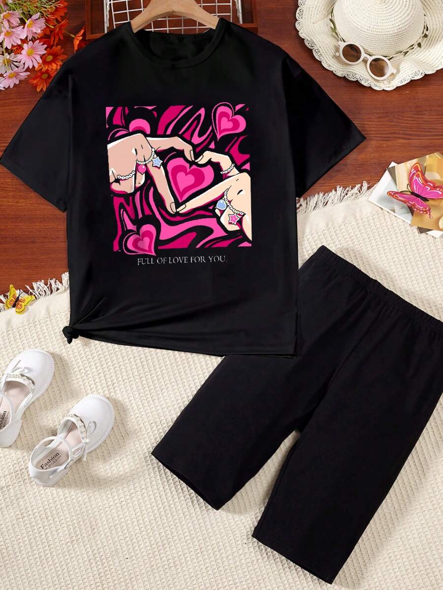 SHEIN Tween Girl Summer Slogan Heart Print Round Neck Short Sleeve Casual T-Shirt And Shorts Set, School, Campus, College