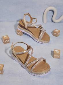 Mini mi Children Rhinestone High Heel Sandals With Open Toe Design For Traveling - Champagne - View 2