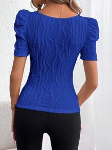SHEIN Privé Women Solid Color Textured Lamb Leg Sleeve T-Shirt For Summer - Royal Blue - View 2