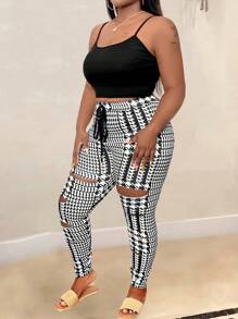 SHEIN LUNE Conjunto de tres piezas de talla grande con estampado de espiga y detalles desgastados