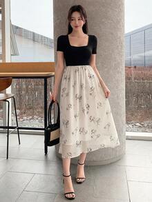 DAZY Flower Print Square Collar Short Sleeve 2 In 1 Waist-Cinched Long Summer Dress - Multicolor - View 4