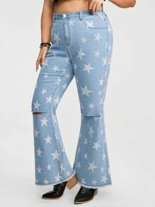 ROMWE Grunge Punk Plus Size Star Print Ripped Flared Jeans With Pockets And Belt Loops - Blue - View 6
