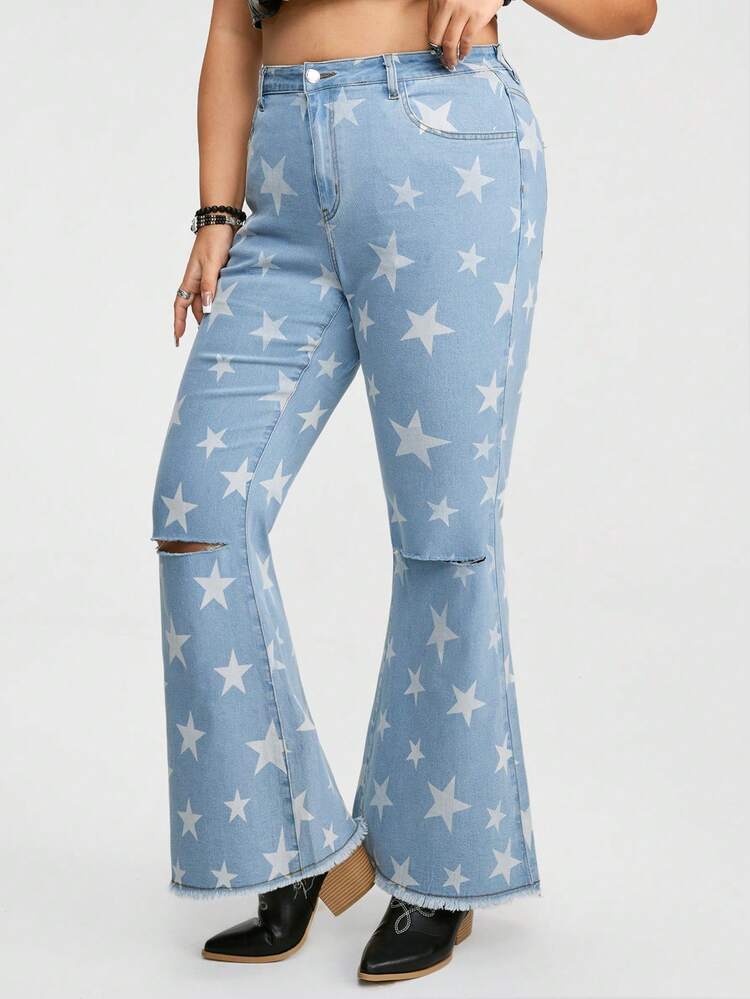 Plus Size Star Print Ripped Flared Jeans With Pockets And Belt Loops