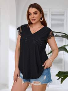 SHEIN Clasi Plus Size Cổ Chữ V Phối Ren Chắp Vá Rỗng Áo Phông Thêu - màu đen - Xem 3
