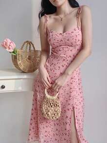 Summer Casual Ditsy Floral V-Neck Sleeveless A-Line Dress With Side Slit - Pink - View 5
