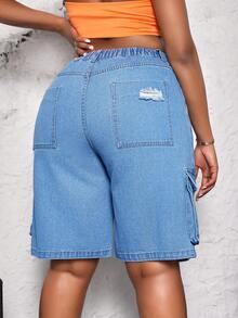 SHEIN SXY Plus Size Summer Casual Loose Ripped Denim Shorts With Pockets - Medium Wash - View 2