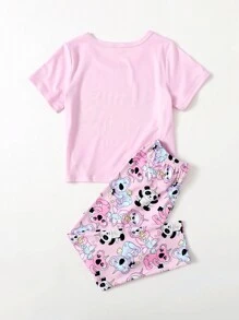 Young Girl Letter & Cartoon Graphic PJ Set - Pink - View 2