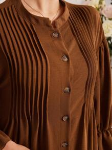Mulvari 女士纯色宽松休闲连衣裙，带褶皱、落肩、灯笼袖和纽扣设计，超长女士服装 - 棕色 - 查看 3