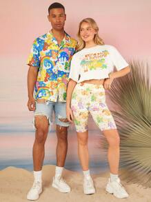 SHEIN X Care Bears 男士夏季度假卡通奇幻多巴胺彩虹熊天空图案休闲宽松短袖衬衫 - 藍色 - 查看 6