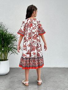 SHEIN 少女編織花卉圓領Fit-And-Flare度假洋裝 - 紅色 - 查看 2