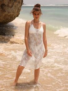 SHEIN Swim Summer Women Beach Vacation Solid Color Lace See-Through Cami Cover-Up