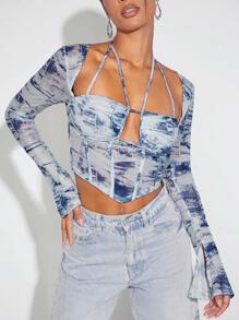 Hauture Brush Print Tie Strap Bustier Top - Black and White - View 1