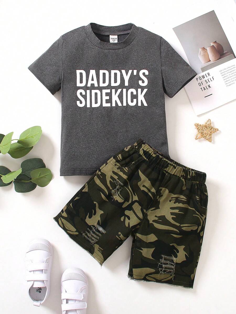 Young Boy 2pcs Set,Dark Grey Daddy's Sidekick Letter Print Short Sleeve Top&Woven Camouflage Washed Ripped Shorts,Beach Street Summer Outfits - Grey - View 1