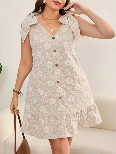SHEIN LUNE Plus Size Women V-Neck Ruffle Hem Dress, Texture Fabric And Floral Jacquard Button Detail Ruffle Hem Bridesmaid Wedding Guest Dress, Summer,Beach Dress Sundress,Holiday Outfits Boho