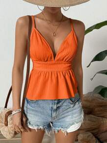 Breezaya Damen Sommer Solide Farbe Rüschen Saum lässig Camisole Top - Orange - Übersicht 5